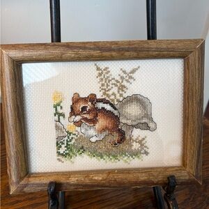 Handcrafted Chipmunk Cross-Stitch Art in Wooden Frame